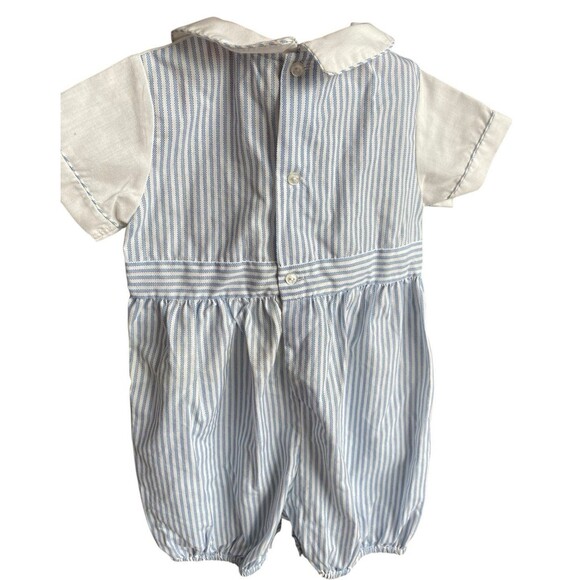 Carriage Boutiques Blue White Striped Shortall Romper 12M Crest Preowned - Picture 7 of 7